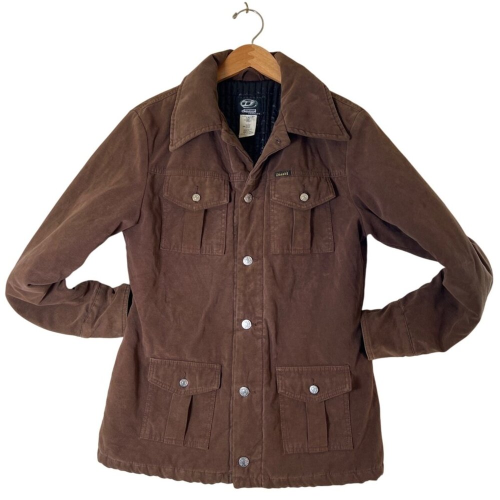 Vintage DIESEL Womens Size L Jacket Brown 90s Utility Patch Pockets Quilted RARE
